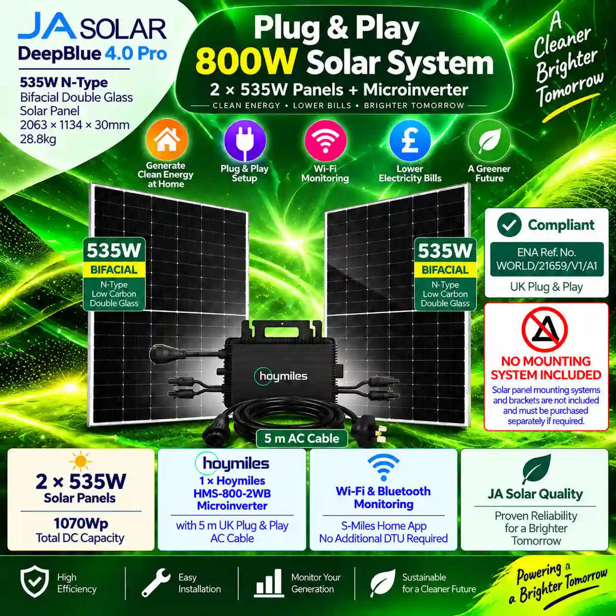 Plug & Play 800W Solar System with 2 × 535W Bifacial Panels + Hoymiles HMS-800-2WB