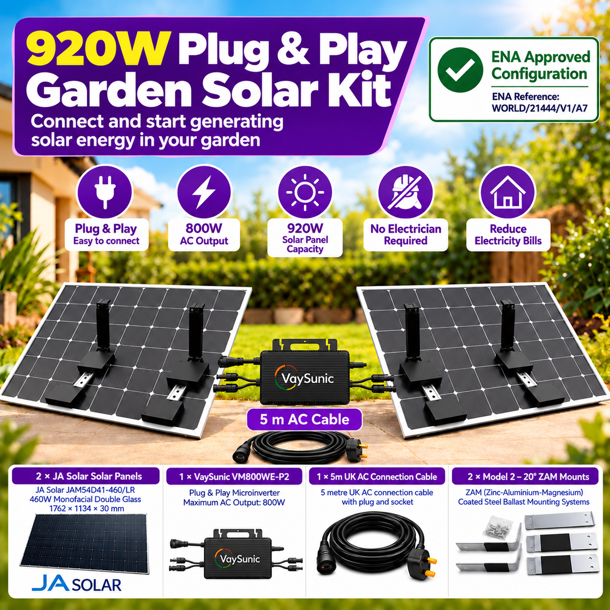 Plug & Play 800W Garden Solar System + 2 × 460W Panels + VM800WE-P2 + Mounts