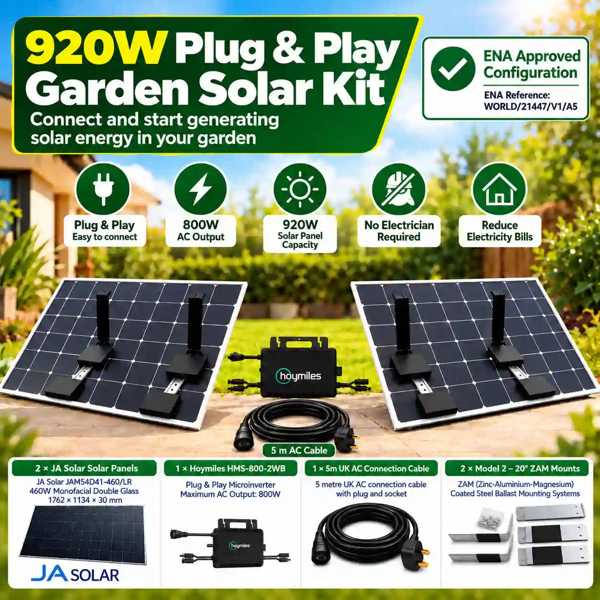 Plug & Play 800W Garden Solar System + 2 × 460W Panels + HMS-800-2WB + Mounts