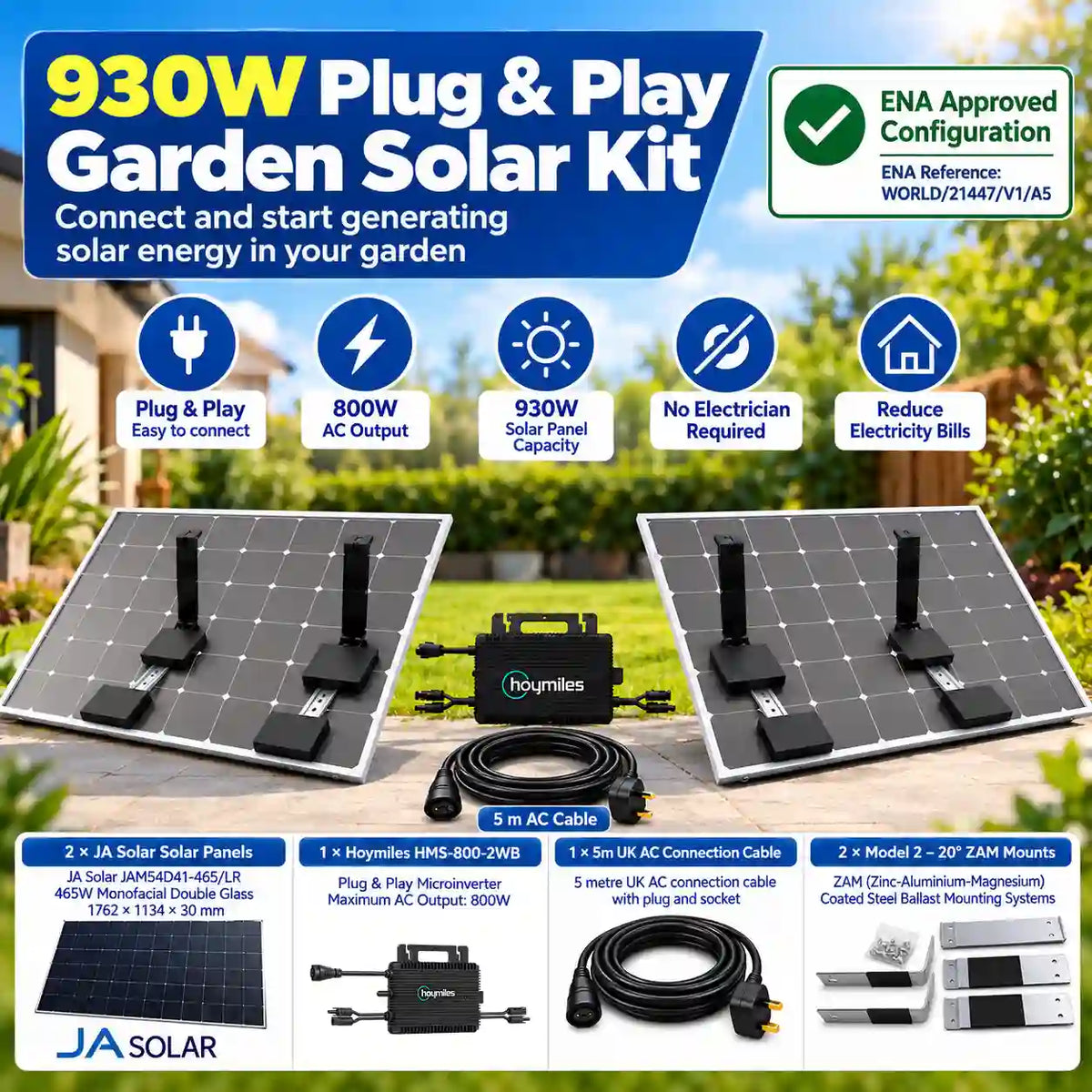 Plug & Play 800W Garden Solar System + 2 × 465W Panels + HMS-800-2WB + Mounts