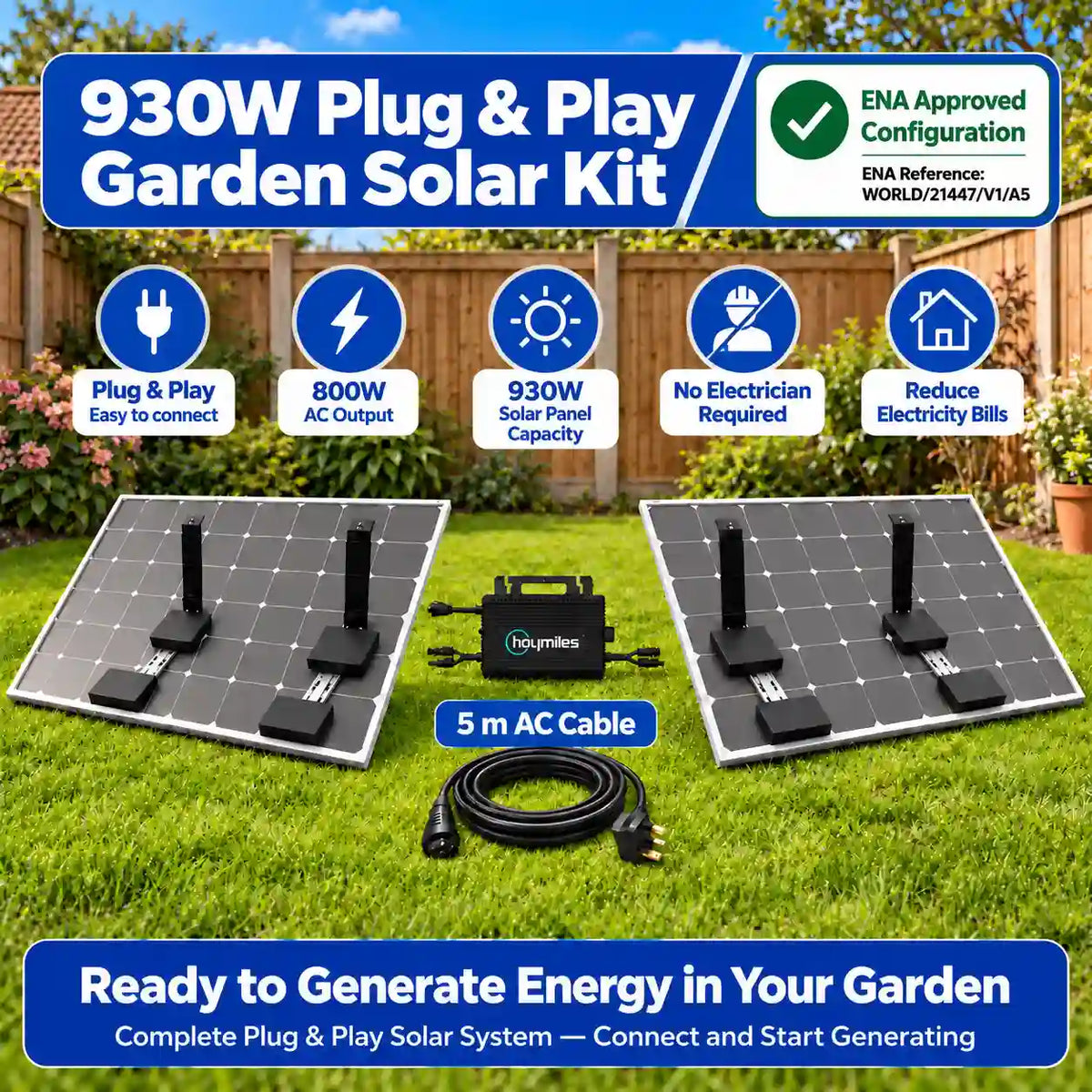 Plug & Play 800W Garden Solar System + 2 × 465W Panels + HMS-800-2WB + Mounts