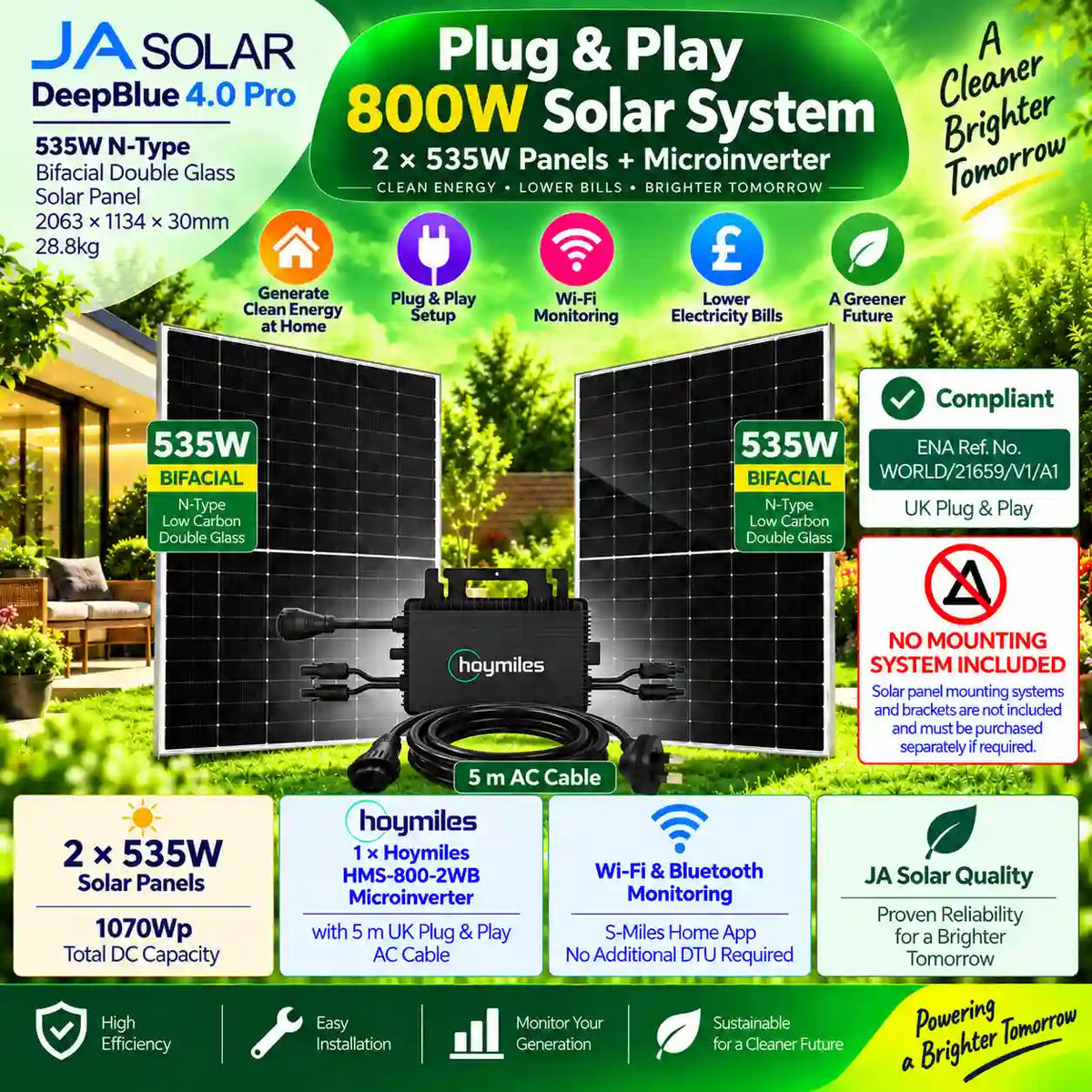 Plug & Play 800W Solar System with 2 × 535W Bifacial Panels + Hoymiles HMS-800-2WB