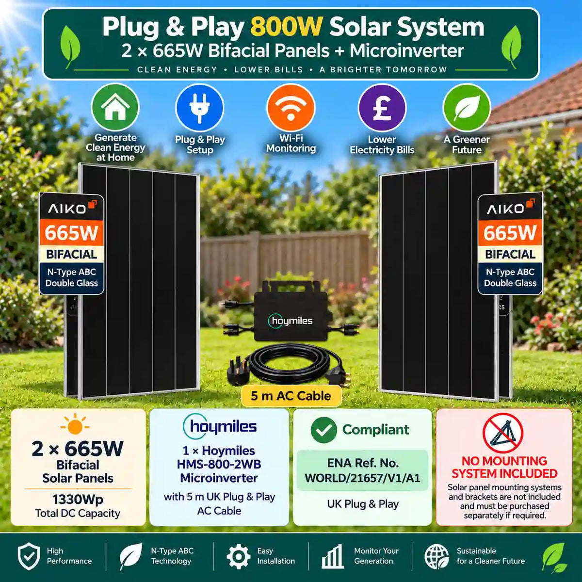 Plug & Play 800W Solar System with 2 × 665W Bifacial Panels + Microinverter