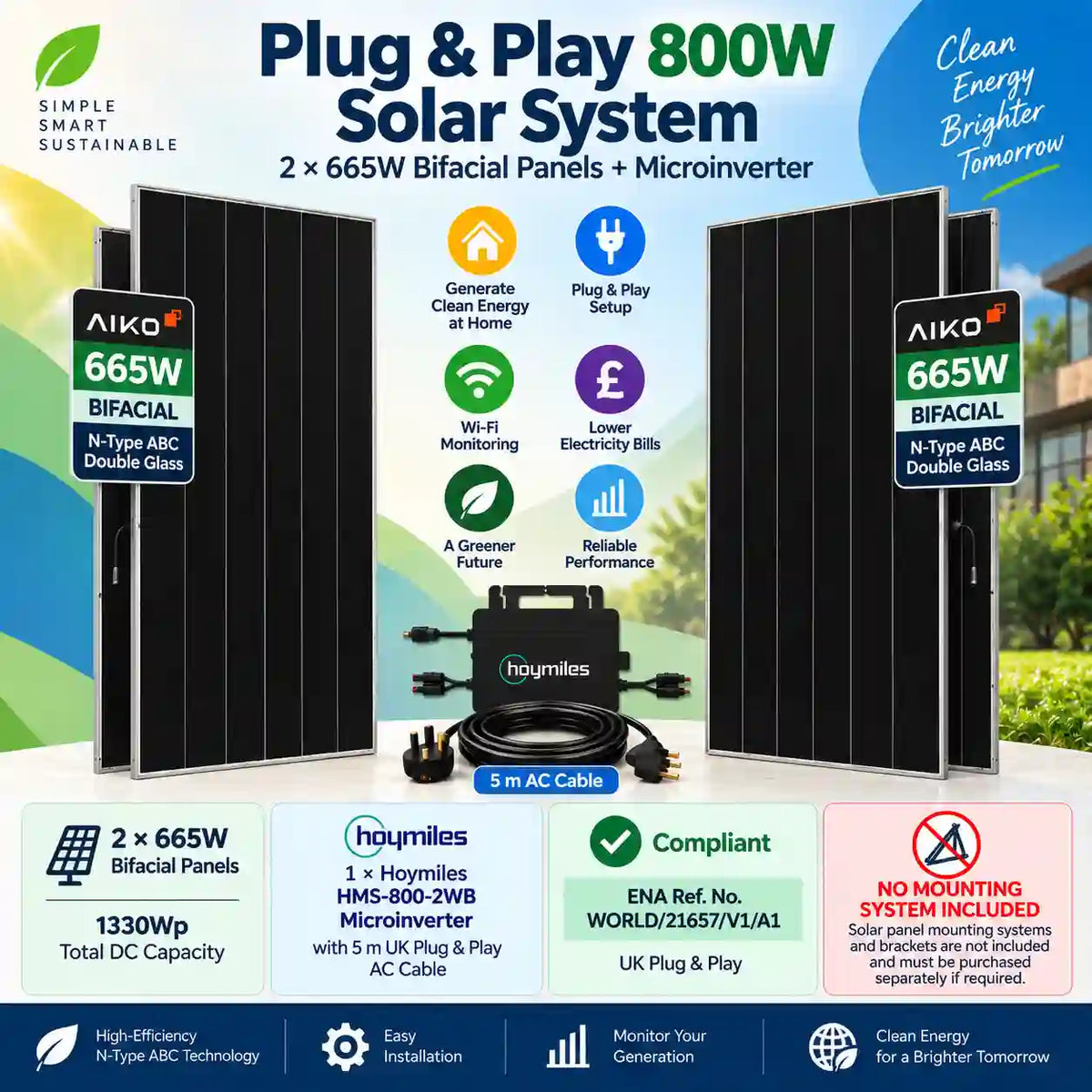 Plug & Play 800W Solar System with 2 × 665W Bifacial Panels + Microinverter