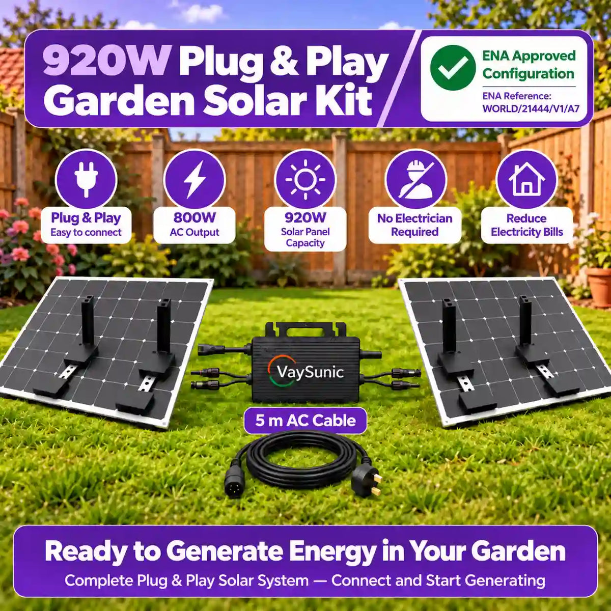 Plug & Play 800W Garden Solar System + 2 × 460W Panels + VM800WE-P2 + Mounts