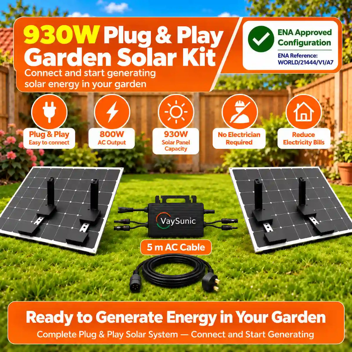 Plug & Play 800W Garden Solar System + 2 × 465W Panels + VM800WE-P2 + Mounts